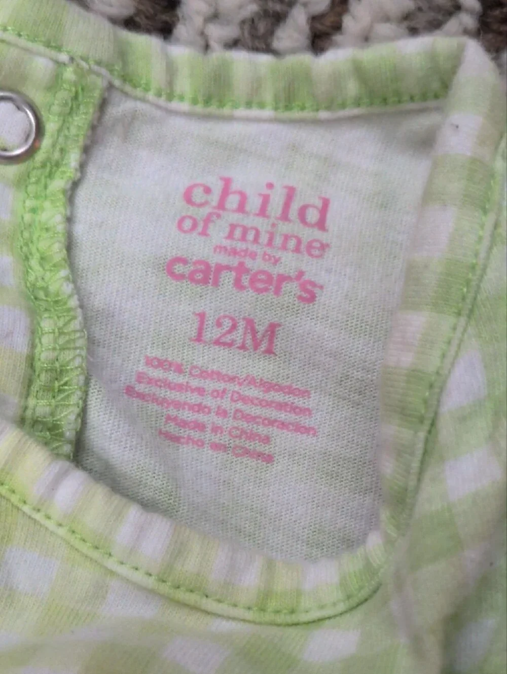 Carter's Purple Polka Dot Baby Romper & Green Checked Monkey Bodysuit.